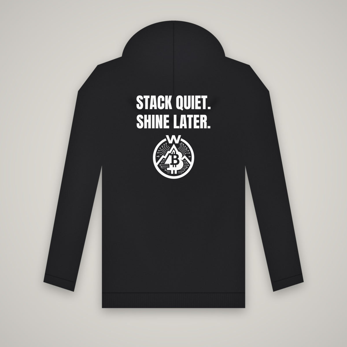 Stack Quiet. Shine Later. – WashedBlackDry hoodie (back print) mockup on black