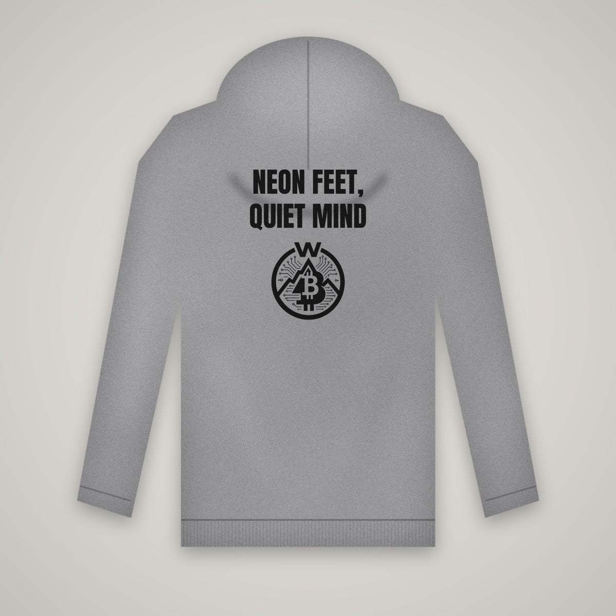 Neon Feet, Quiet Mind – WashedBlackDry hoodie (back print) mockup on heather grey