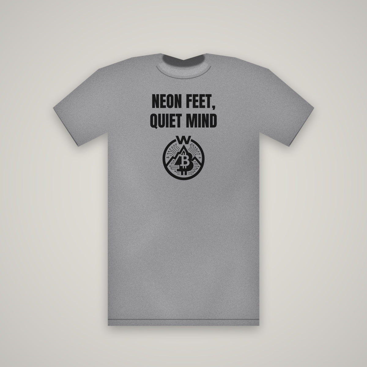 Neon Feet, Quiet Mind – WashedBlackDry t-shirt mockup on heather grey