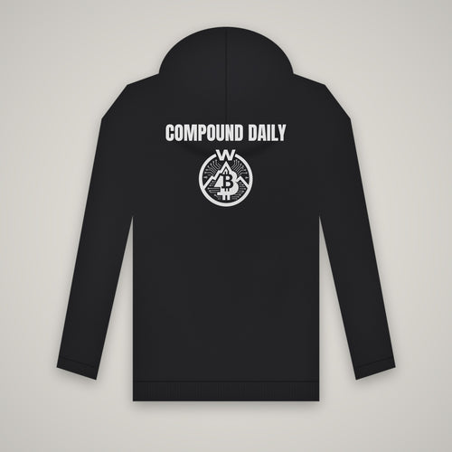Compound Daily – WashedBlackDry hoodie (back print) mockup on black