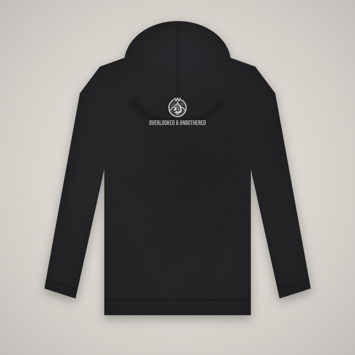 Overlooked & Unbothered – WashedBlackDry hoodie (back print) mockup on black