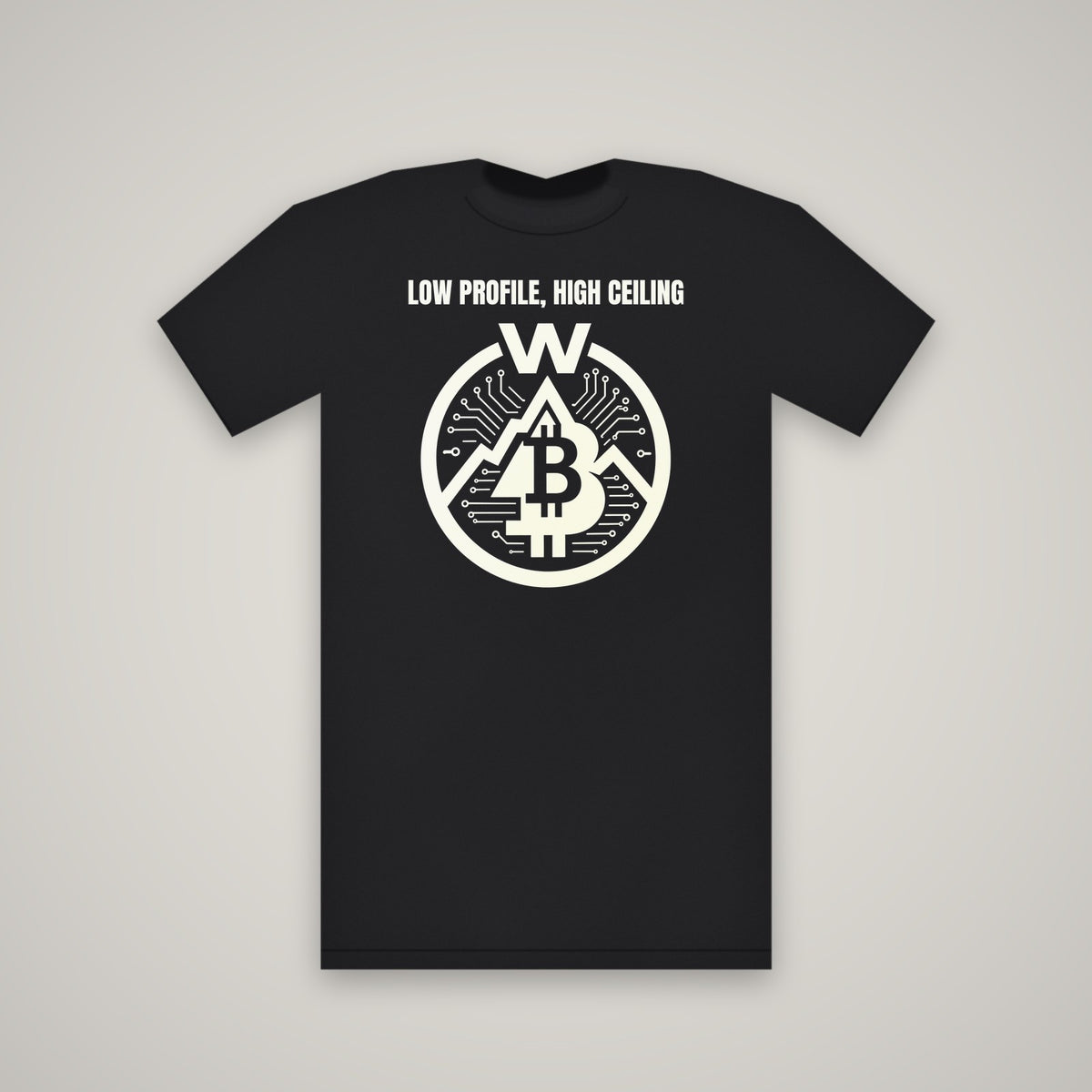 Low Profile, High Ceiling – WashedBlackDry t-shirt mockup on black