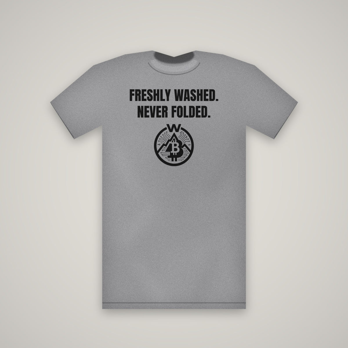 Freshly Washed. Never Folded. – WashedBlackDry t-shirt mockup on heather grey