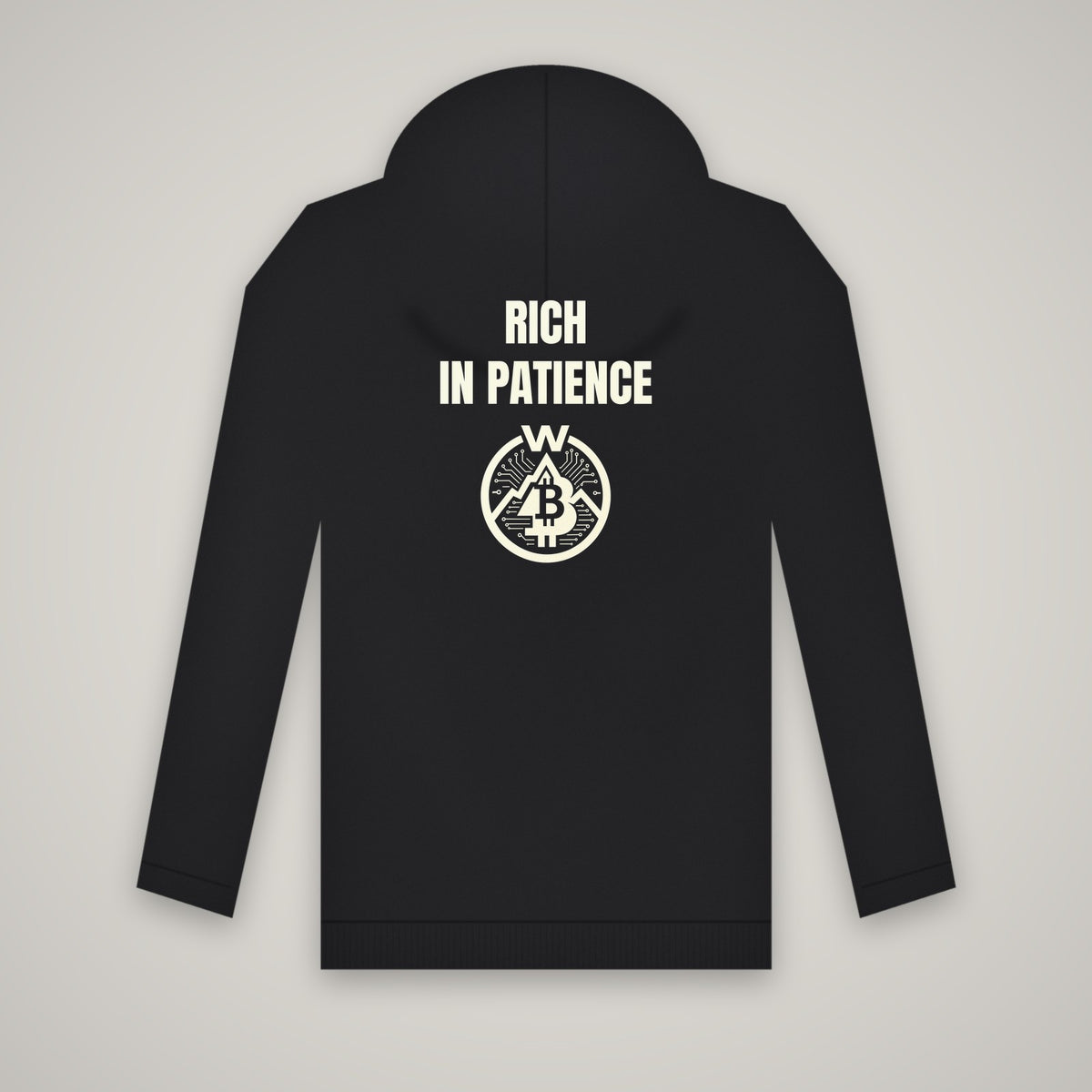 Rich In Patience – WashedBlackDry hoodie (back print) mockup on black