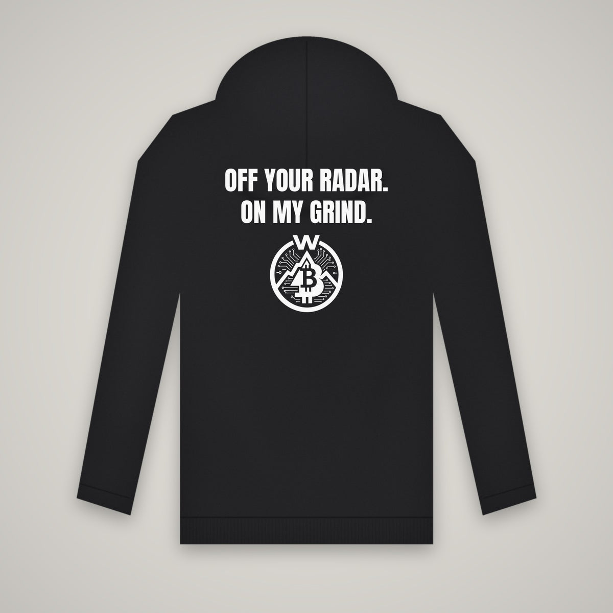 Off Your Radar. On My Grind. – WashedBlackDry hoodie (back print) mockup on black