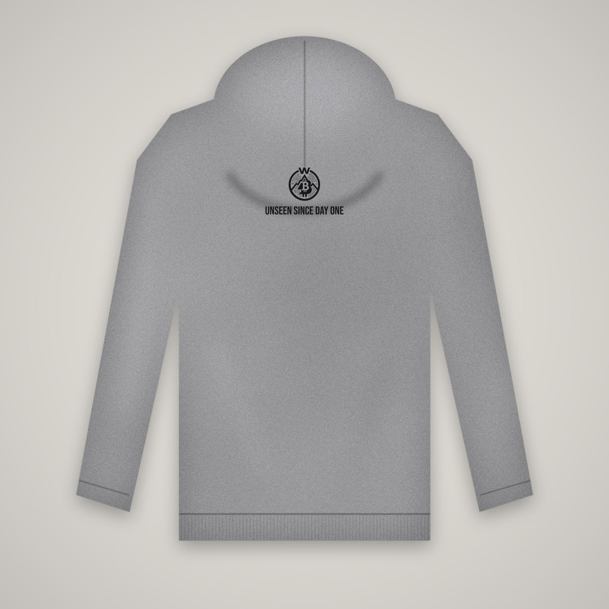 Unseen Since Day One – WashedBlackDry hoodie (back print) mockup on heather grey