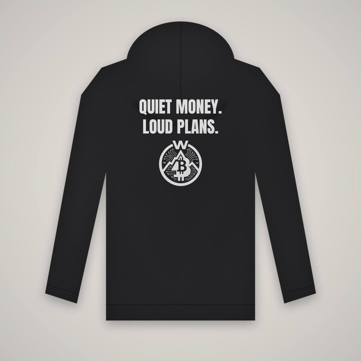 Quiet Money. Loud Plans. – WashedBlackDry hoodie (back print) mockup on black