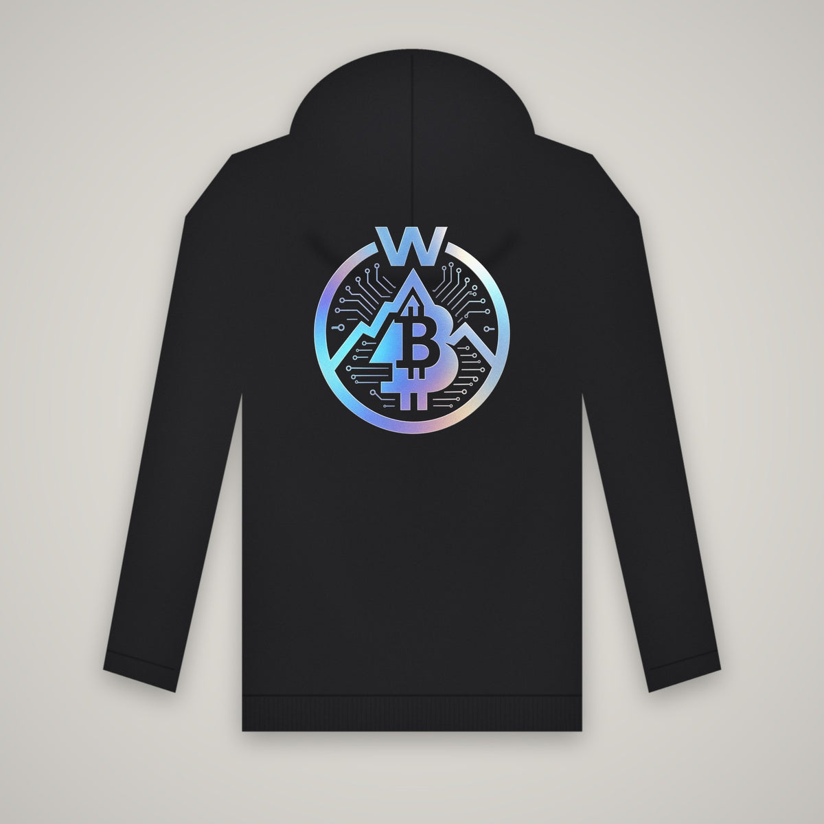 WBD Holographic Circuit-W Logo – WashedBlackDry hoodie (back print) mockup on black