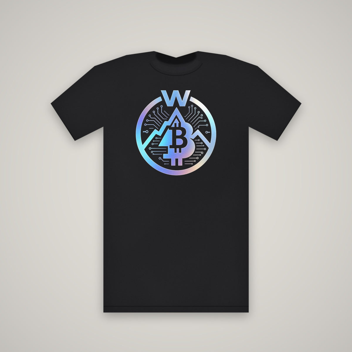 WBD Holographic Circuit-W Logo – WashedBlackDry t-shirt mockup on black