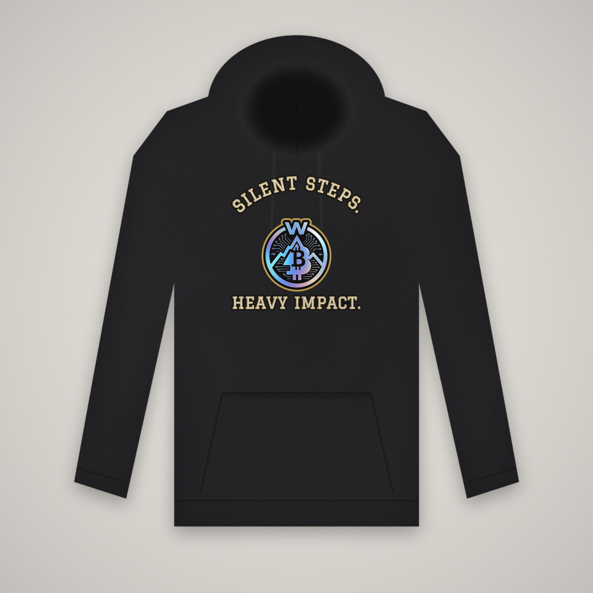 Silent Steps. Heavy Impact. – WashedBlackDry hoodie (front print) mockup on black