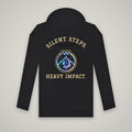 Silent Steps. Heavy Impact. – WashedBlackDry hoodie (back print) mockup on black