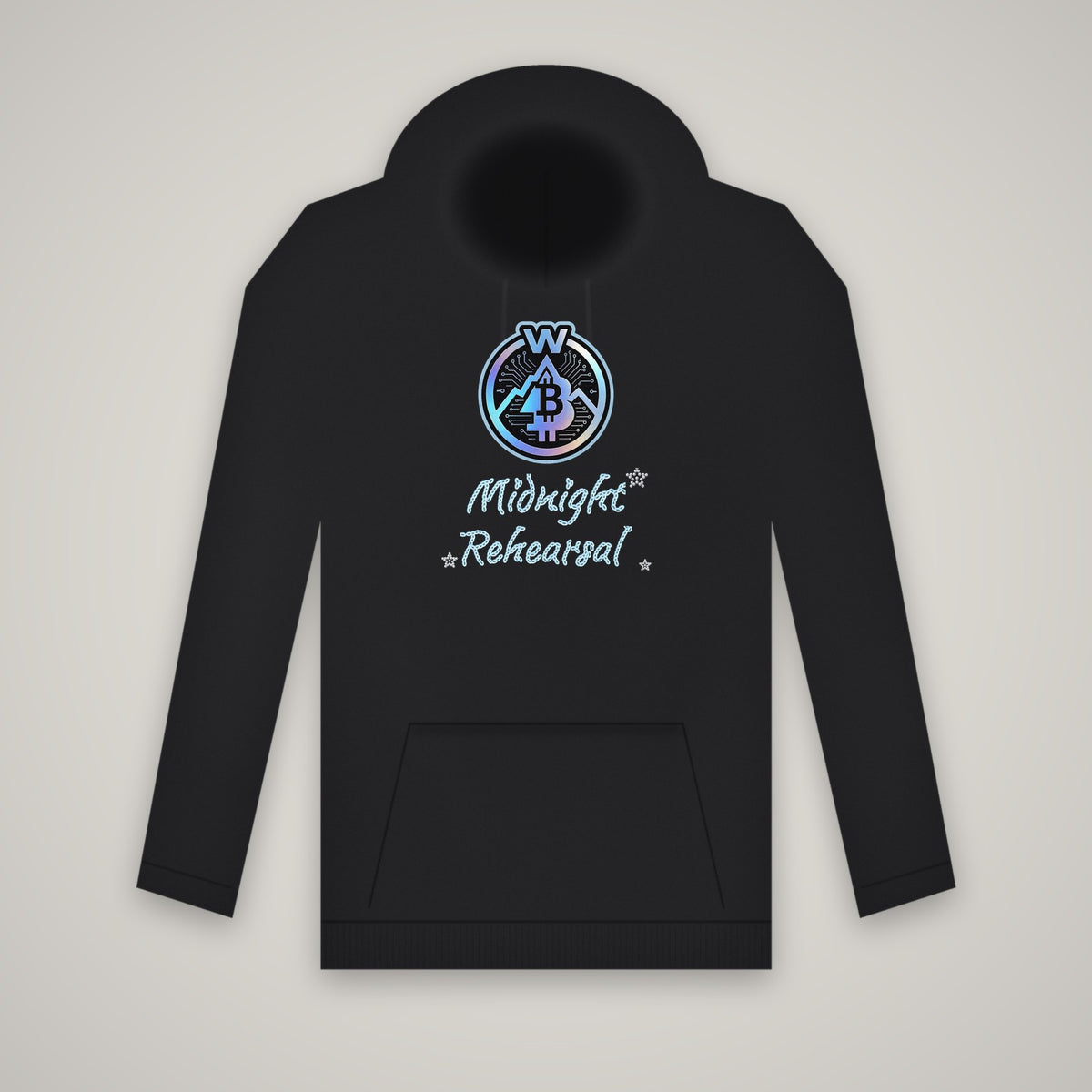 Midnight Rehearsal – WashedBlackDry hoodie (front print) mockup on black