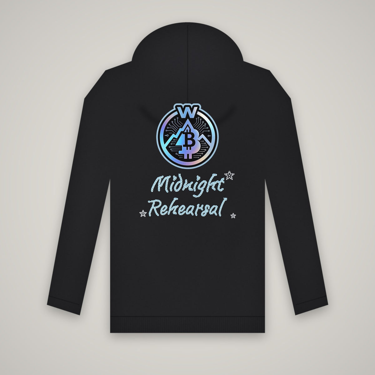 Midnight Rehearsal – WashedBlackDry hoodie (back print) mockup on black