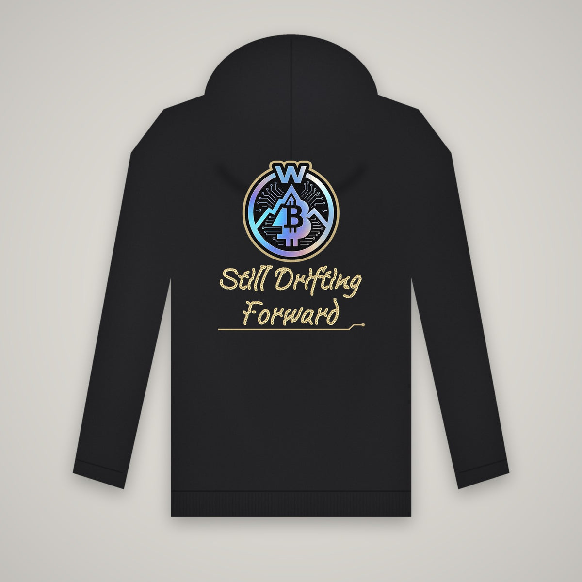 Still Drifting Forward – WashedBlackDry hoodie (back print) mockup on black