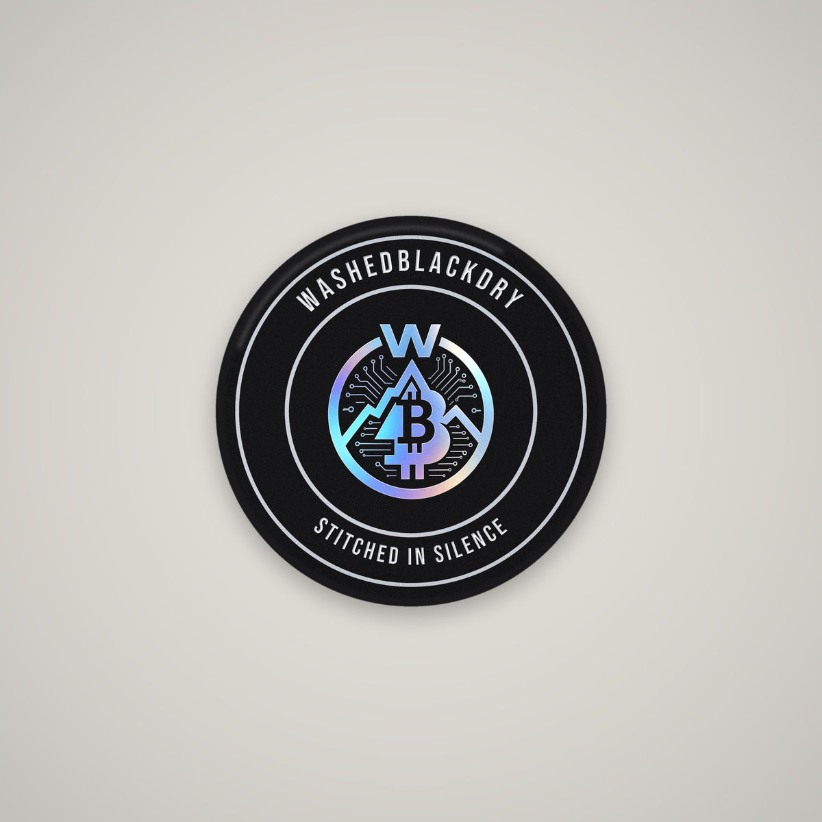 Stitched In Silence Badge – WashedBlackDry phone grip mockup on black