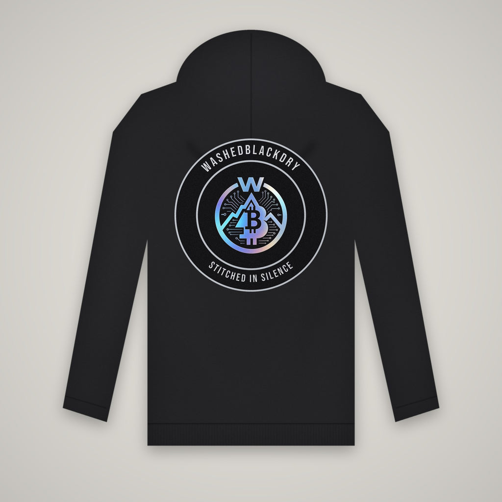 Stitched In Silence Badge – WashedBlackDry hoodie (back print) mockup on black