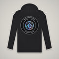 Stitched In Silence Badge – WashedBlackDry hoodie (back print) mockup on black
