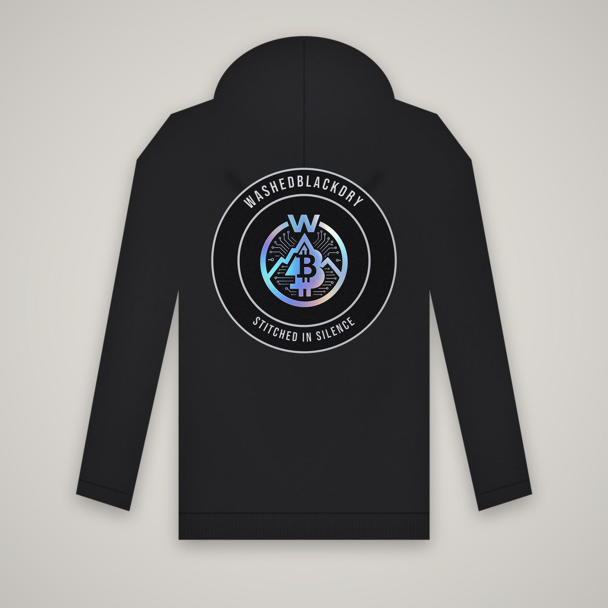 Stitched In Silence Badge – WashedBlackDry hoodie (back print) mockup on black
