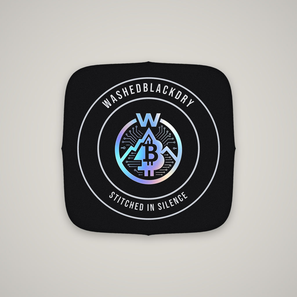 Stitched In Silence Badge – WashedBlackDry throw pillow mockup on black