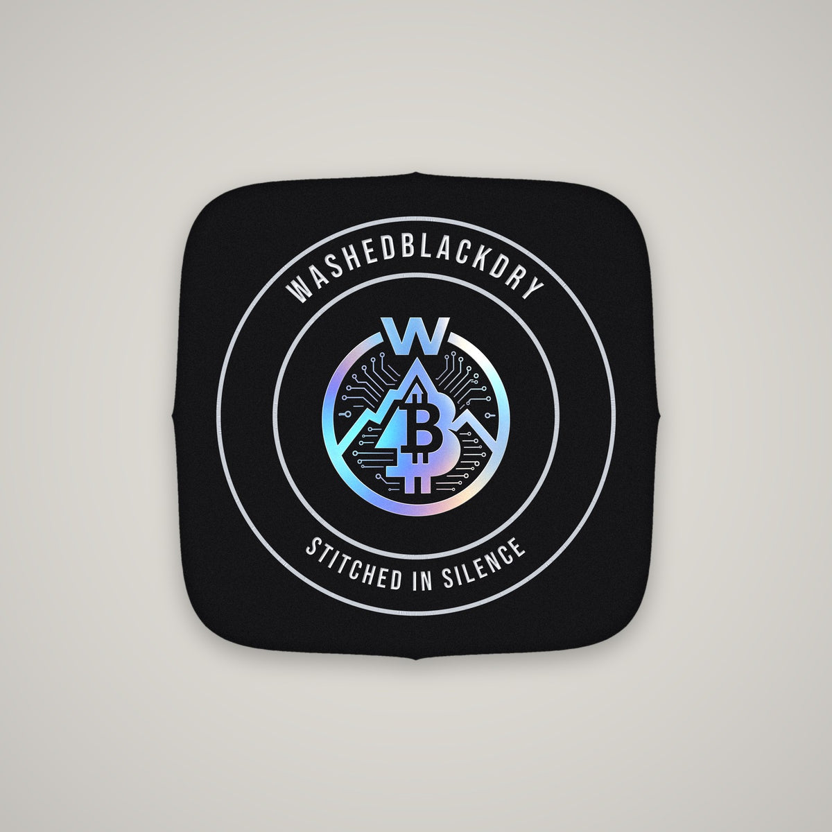 Stitched In Silence Badge – WashedBlackDry throw pillow mockup on black