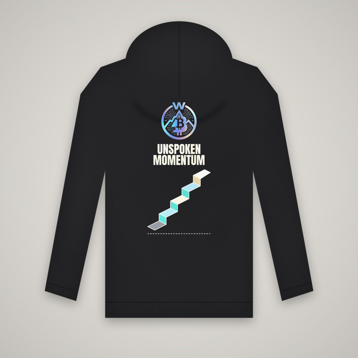 Unspoken Momentum – WashedBlackDry hoodie (back print) mockup on black